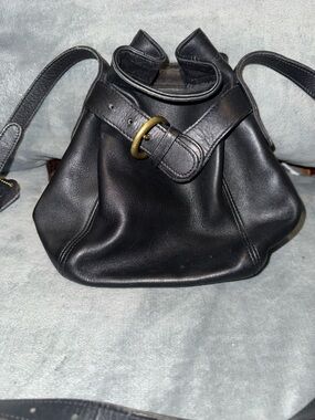 Coach Black Leather Drawstring Crossbody with Brass Buckle Accent